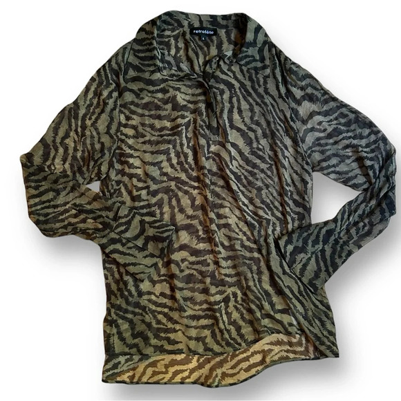 Retrofete Sheer Silk Button Up Shirt Animal Print Tiger black tan Size Large - Picture 1 of 9